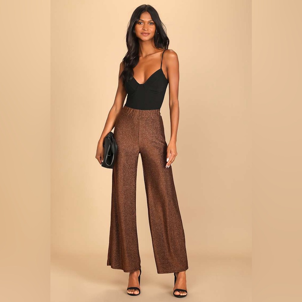 New Lulus Follow the Festivities Copper Wide-Leg High-Waisted Lined Pants
